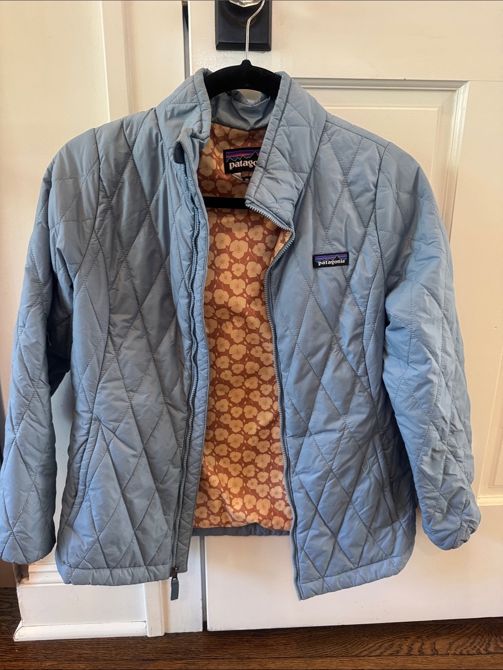 Patagonia Women’s Light Blue Quilted Puffer Jacket with Floral Lining